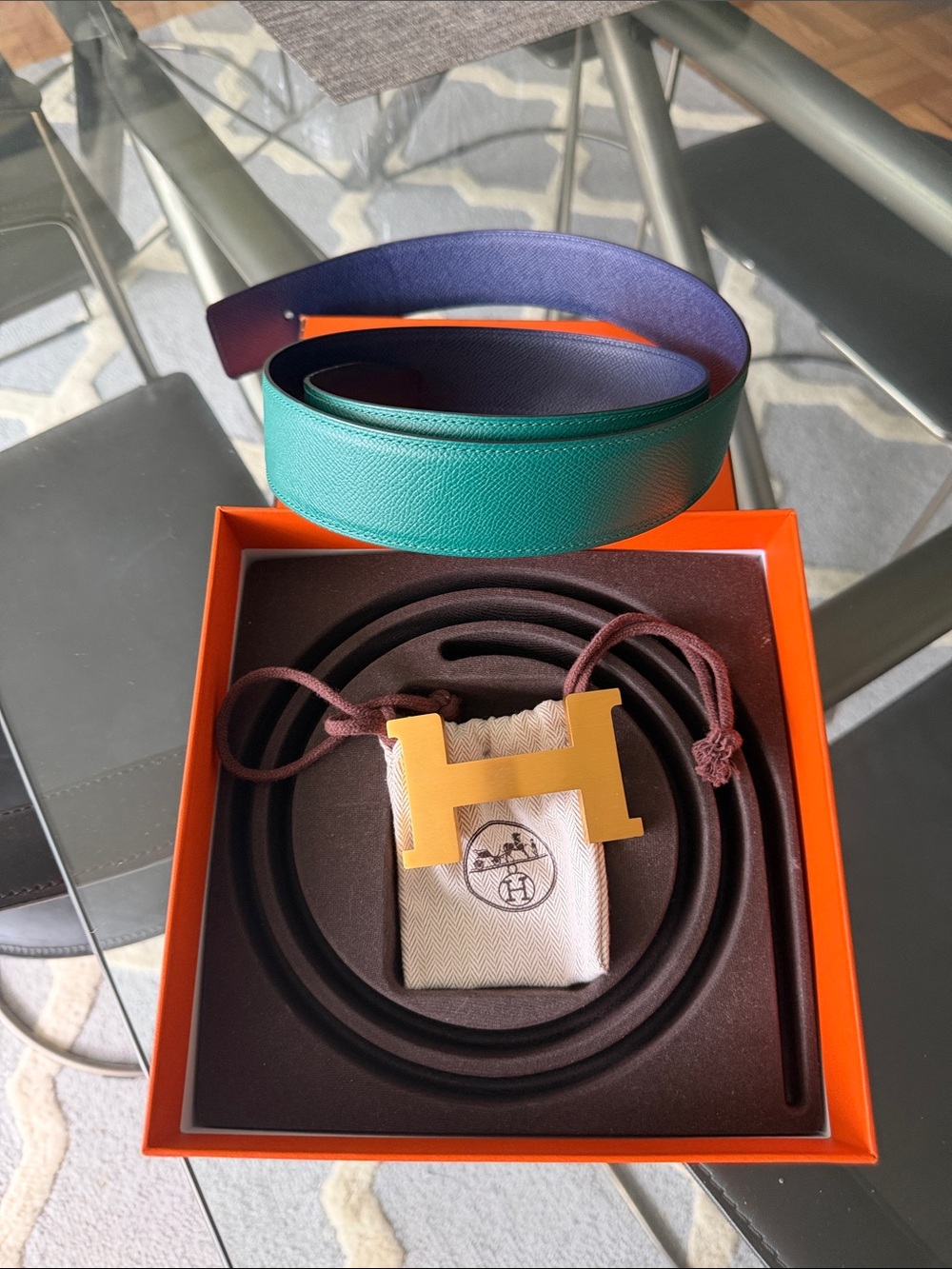 Hermes Reversible Teal and Navy Leather Belt with Gold H Buckle 48 inches